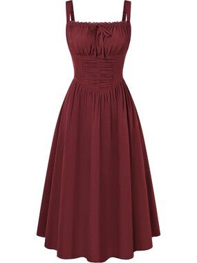 〽️Women's Wine Red Square Neckline Cold Shoulder Sleeve Corset Midi Party Dress